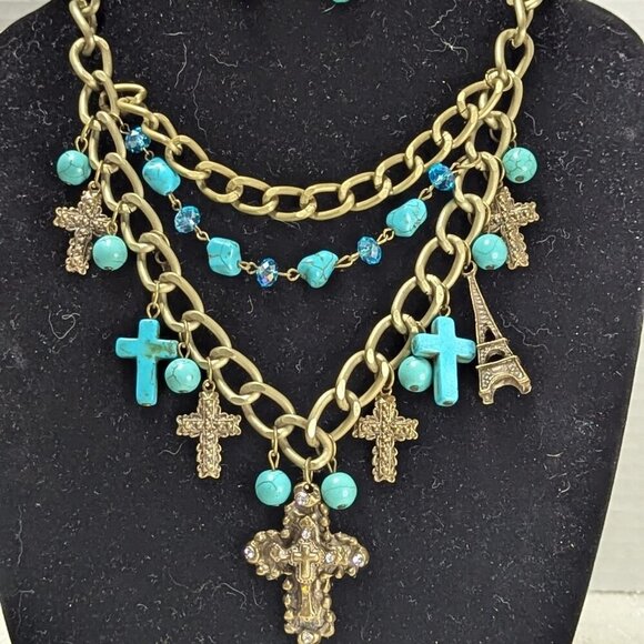 Southwestern Aqua Turquoise Goldtone Cross Pendants Statement Necklace - Picture 2 of 7